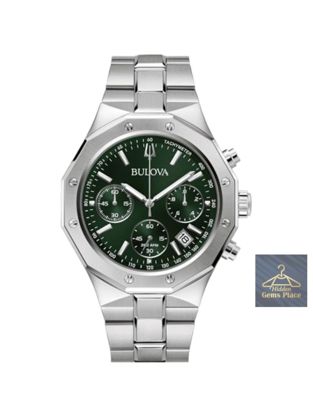Men's Classic 6-Hand Chronograph Stainless Steel Watch with Green Dial and